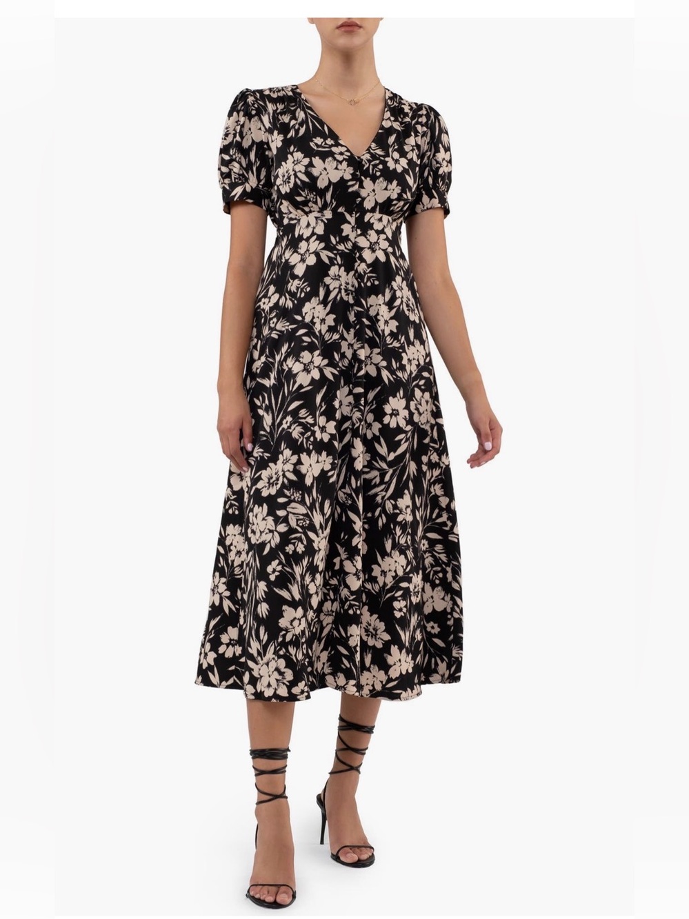 Black Floral V-Neck Midi Dress with Cream Bloom Print